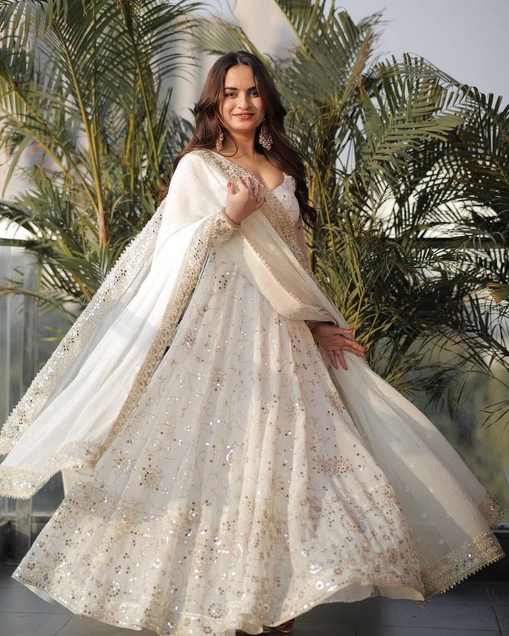 Pristine Ivory Mirror-Work Anarkali